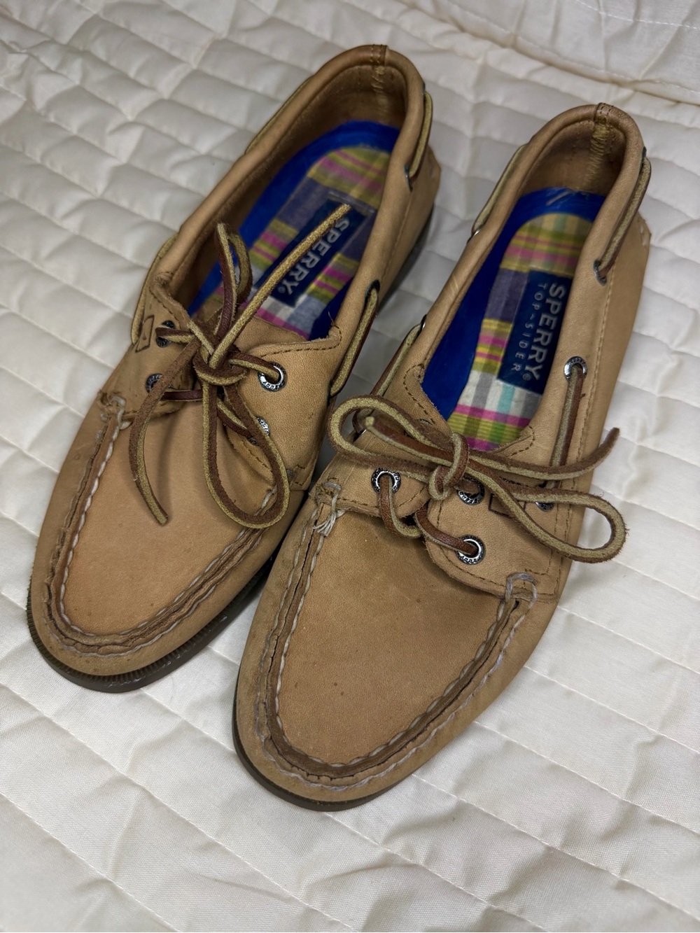 Sperry Tan Leather Boat Shoes with Plaid Insole